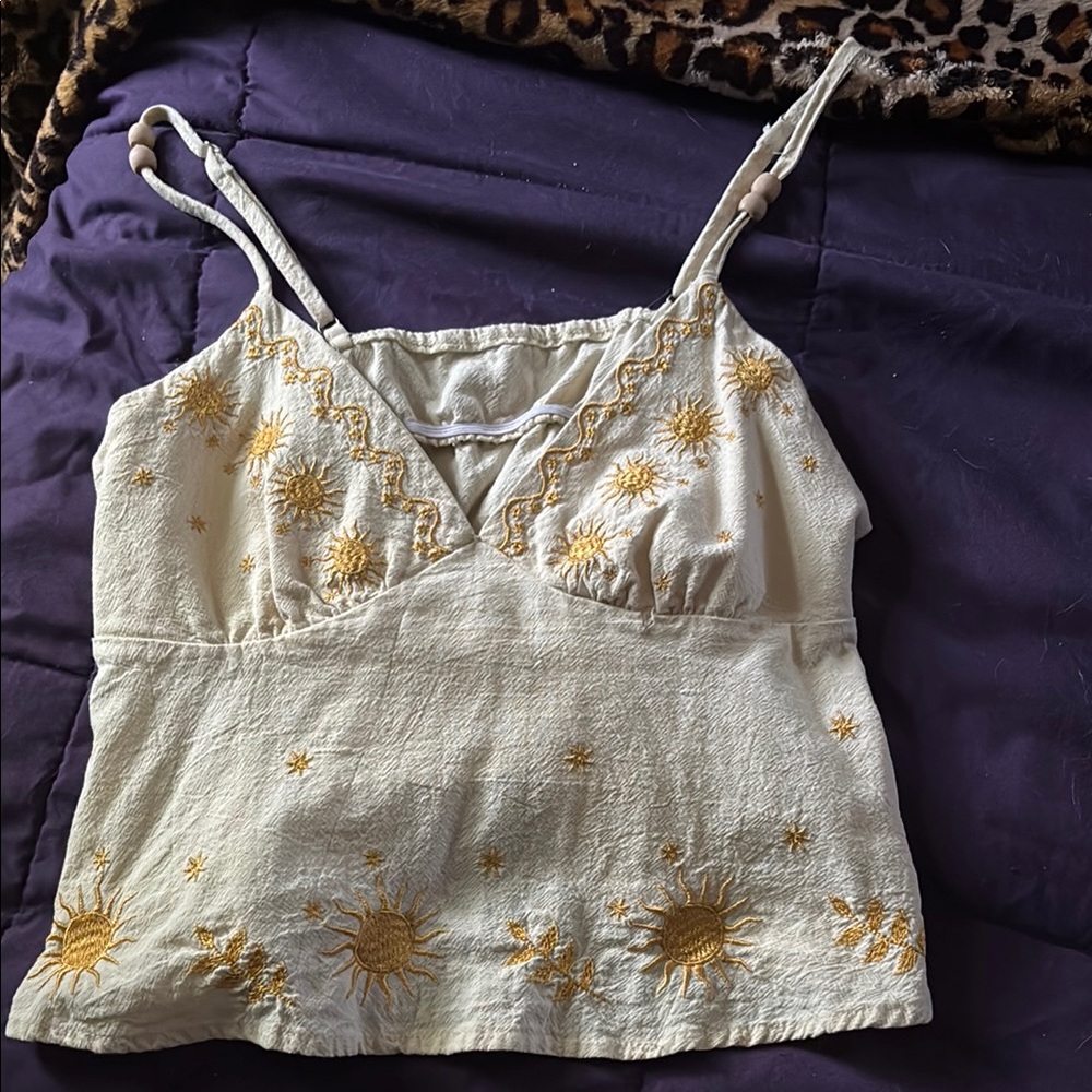 Embroidered Sun Design Cream Top